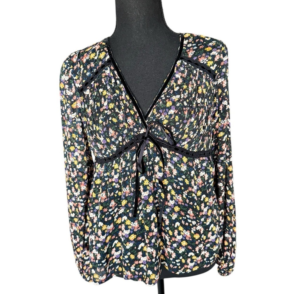 Lucky Brand Floral Boho Tie-Front Blouse XS | Velvet Trim Peasant Top Y2K AA13